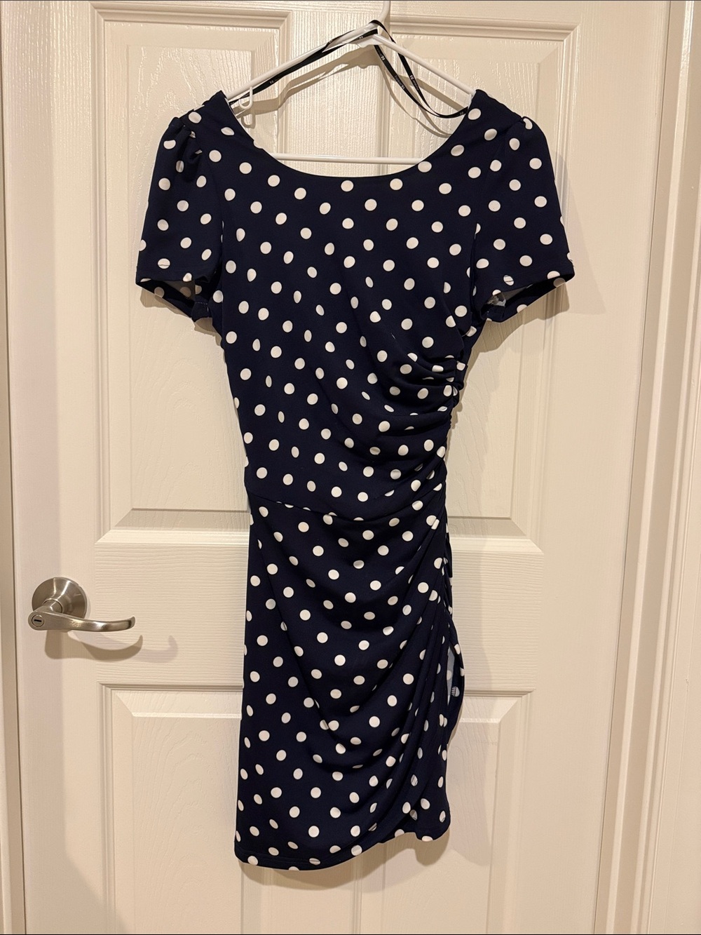 Forever 21 Navy and White Polka Dot Ruched Mini Dress